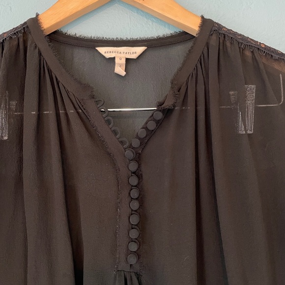 rebecca taylor lace sheer silk lace long sleeve top black button up raw hem 0 - Picture 6 of 8